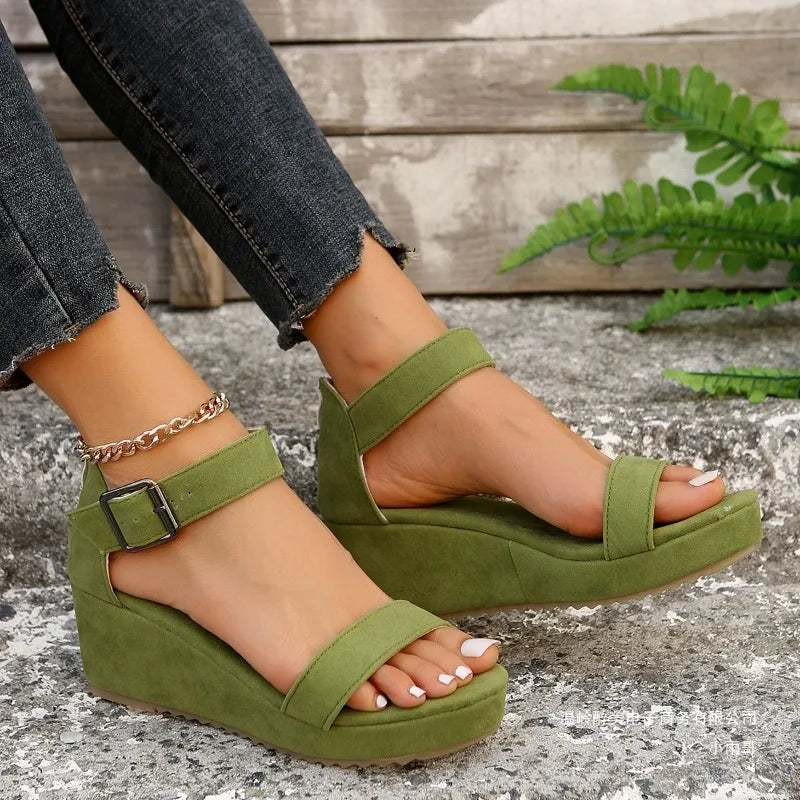 Wedges Sandals Buckle Strap Thick Heel Non Slip Open Toe Casual Sandal.