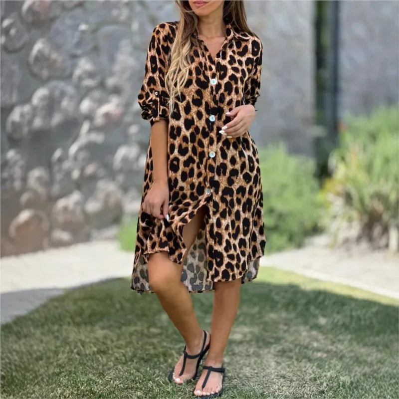 2025 New Elegant Women's Summer Leopard Shirt Dress Spring Casual Fashion Loose Turn Down Collar Mid Calf Straight Long Dress.  S-3X