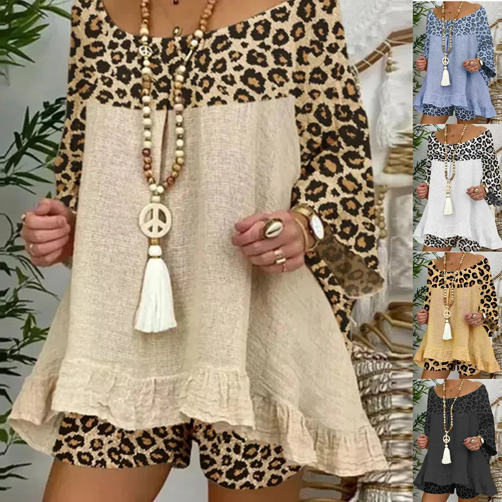 Women 2025 2 Piece Spring Summer Bohemian Casual Leopard Print Loose Fit Outfit.  S-3XL