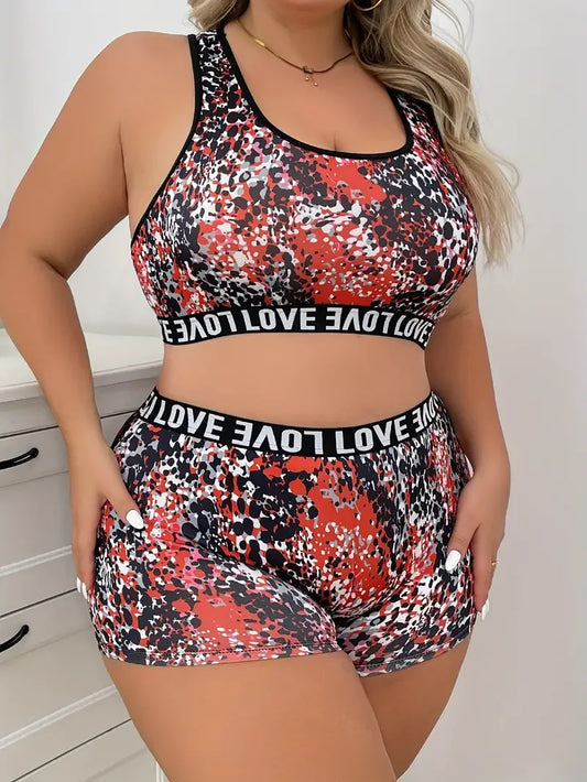 Two-Piece Curvy Size Sporty Lingerie Set, Tie Dye, Letter Tape, Racer Back Bra, Boy shorts,