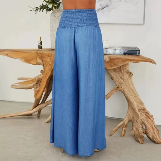 Spring Summer New Women's Clothing Light Blue High Waist Smocking Wide Leg Jeans.  S-XL