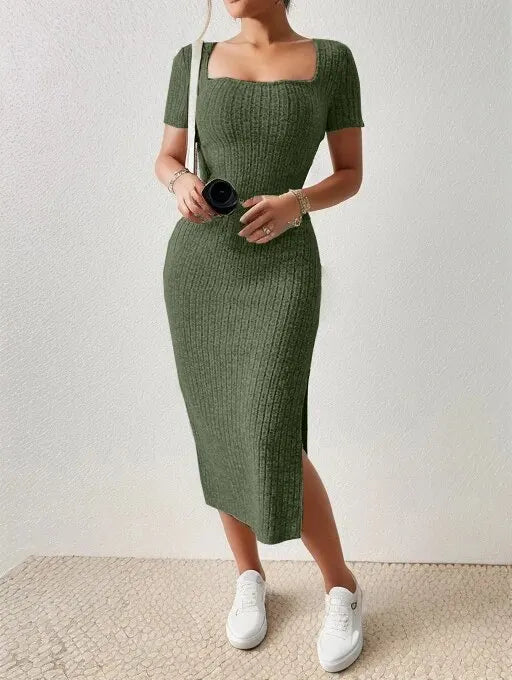 Ladies Square Neck, Hip-Hugging Mid-Length Dress Short-Sleeved, Versatile Knitted Slit Dress