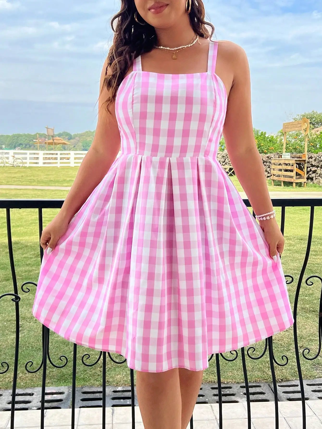 Plus Size Women's 2025 Summer New Plaid Dress Square Neck Dress Best for Summer.