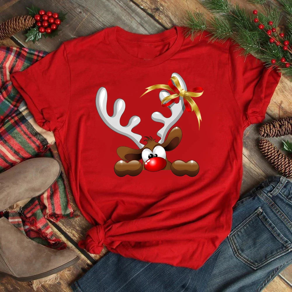 Women's Kawaii Christmas Top - Santa Claus & Deer O-Neck Y2K T-Shirt.  S-3X