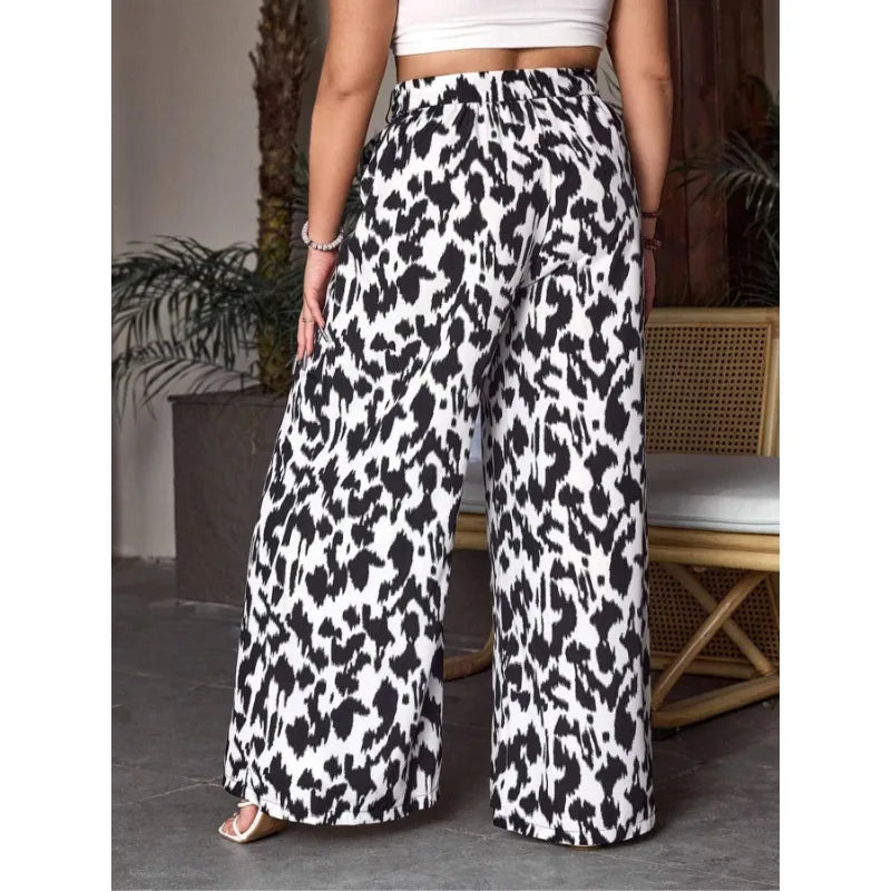 Plus Size 1XL-5XL Women's Casual Fashion New Printed Wide Leg Elastic Waist Pants.