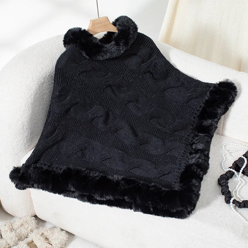 Women Sweater Pullover Fur Collar Cloak Twist Knitted Thick Elegant Splice Autumn Winter Irregularity Poncho