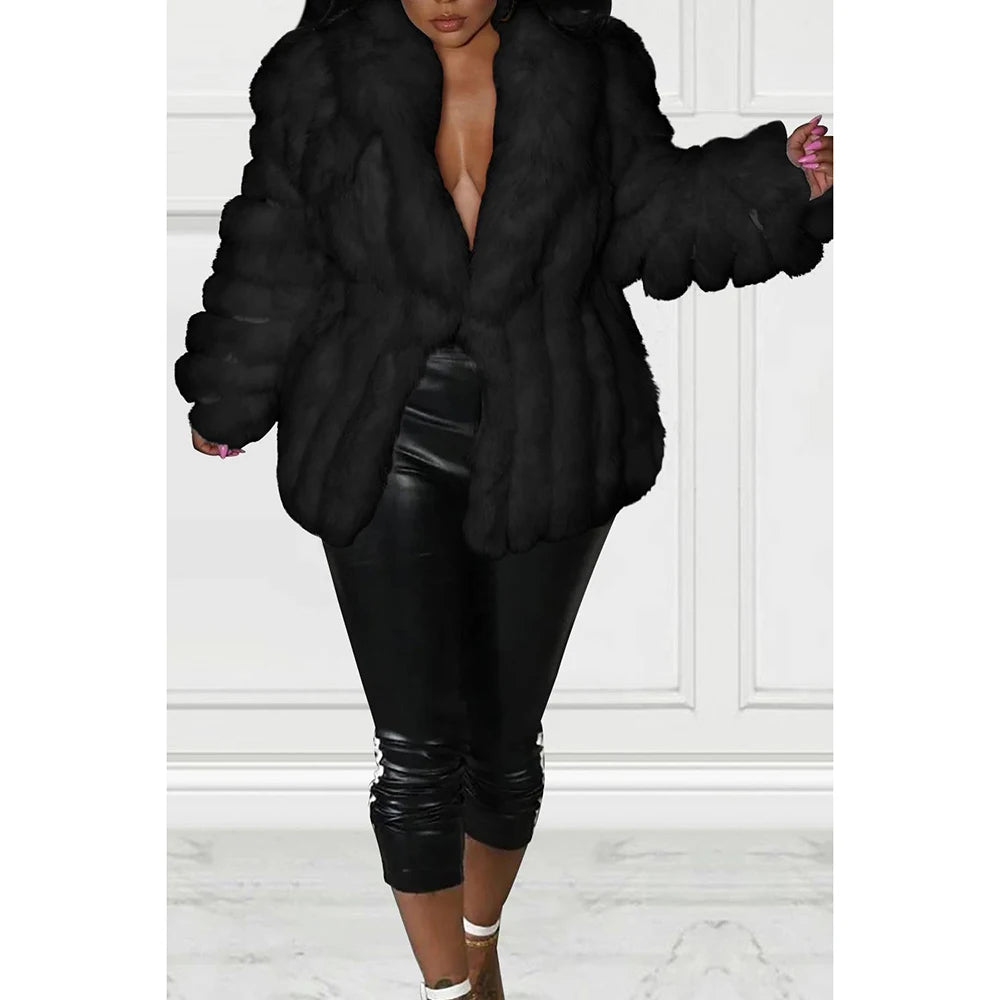 Plus Size Semi Formal Outwear White Faux Fur V Neck Oversized Outwear With Cinch Waist Jacket