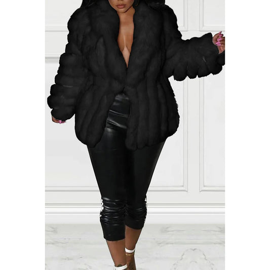 Plus Size Semi Formal Outwear White Faux Fur V Neck Oversized Outwear With Cinch Waist Jacket