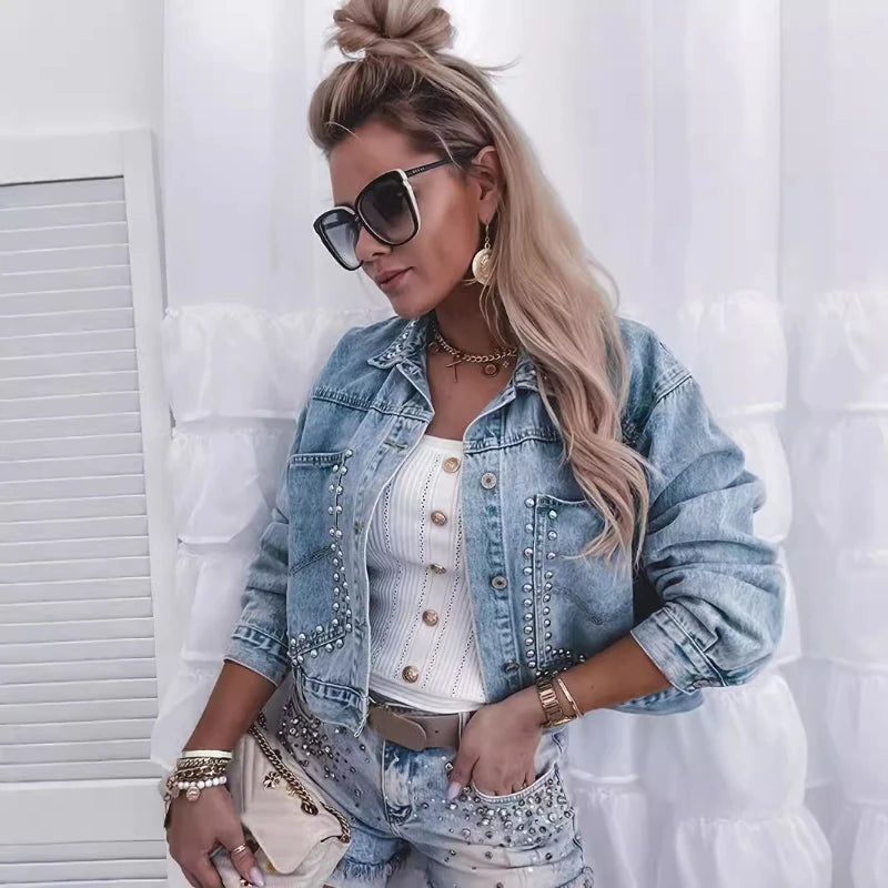 Women Denim Jacket Short Rivet Turn Down Collar Y2k Street-wear Open Stitch Punk Single Breasted Casual Jacket.   XS-L