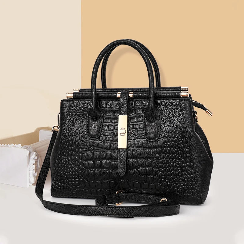 Genuine  leather women's handbag, large capacity crocodile patterned cowhide bag,