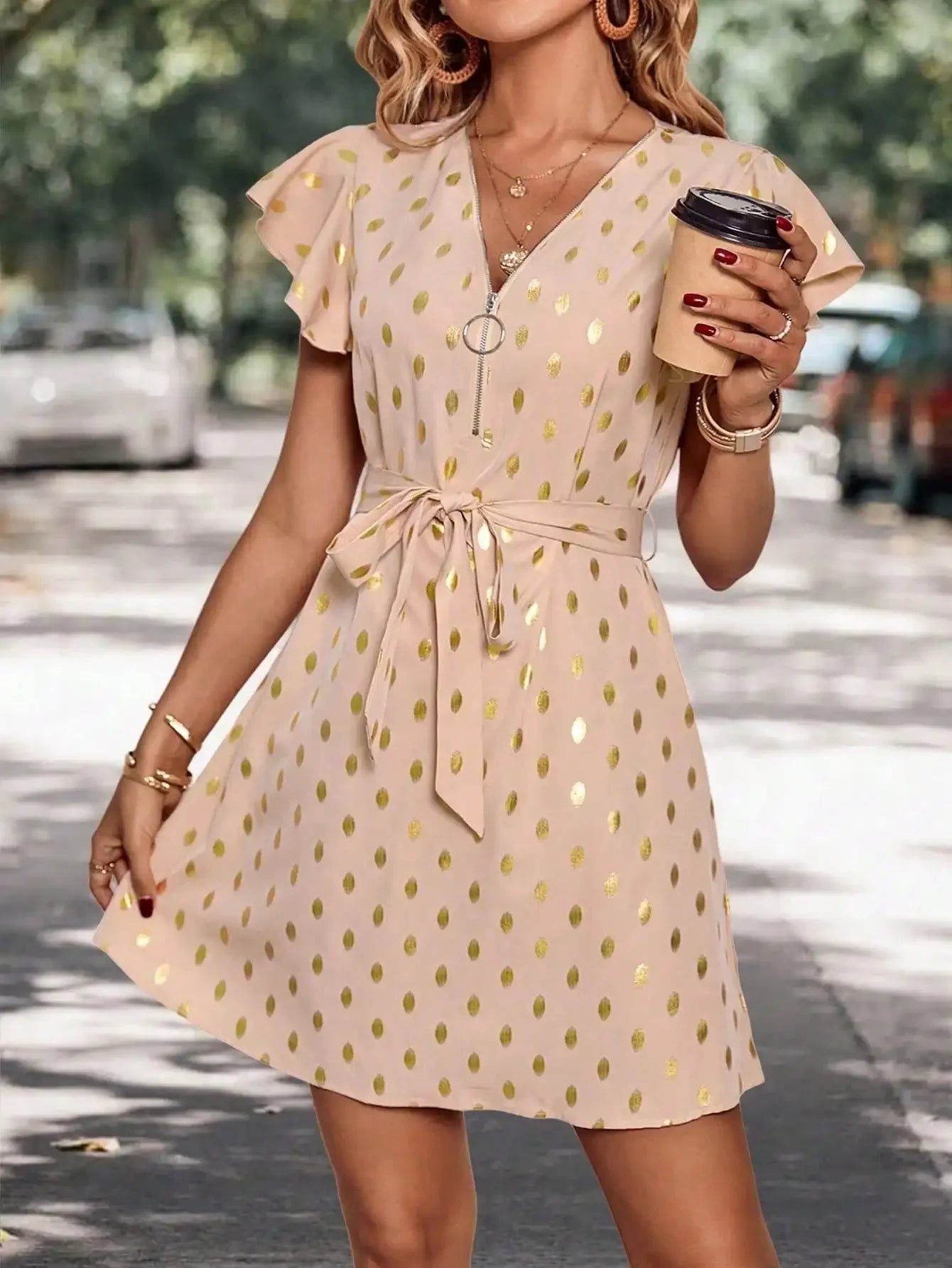 Elegant women's dress V-neck Cap sleeve belt pleated A-line casual women's dress. XS-L