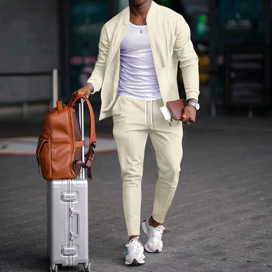 2025 new spring and autumn men stand collar solid color baseball casual Waffle full pants two piece men's suit.  SZ: S-3X