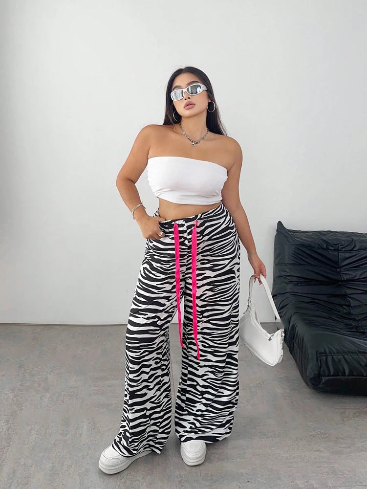 Plus Size Ladies Casual Fashion Zebra Print Loose Wide Leg Long Pants Polyester Tie Belt All Season Wear.  XL-4X