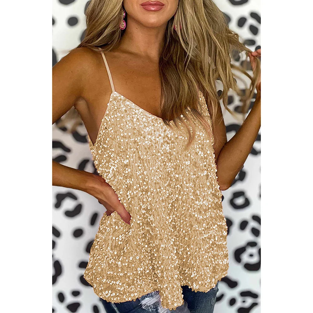 Plus Size V-neck Sleeveless Sequin Tank Top.