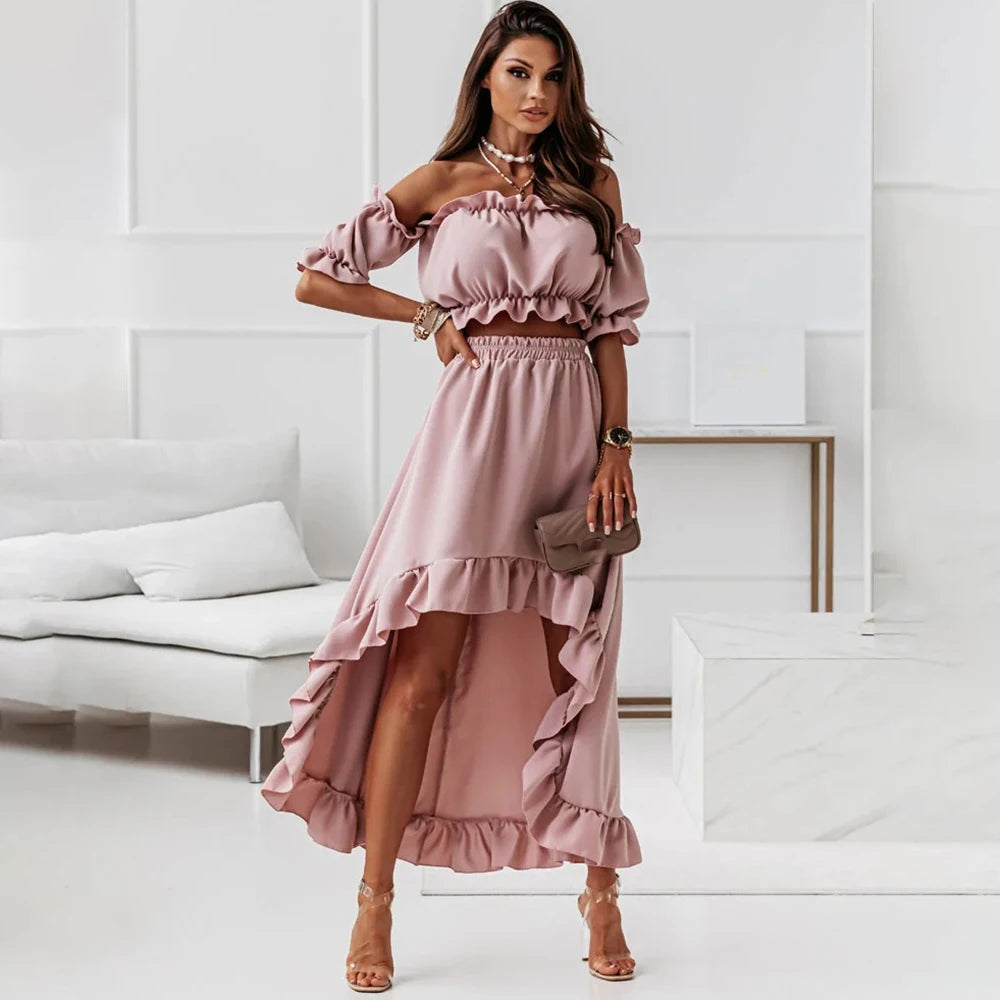 Off Shoulder Two Piece Set Women Summer Ruffle Outfit Puff Sleeve 2 Piece Set