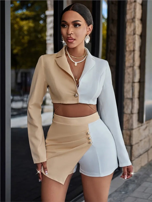 Two Piece Elegant Women's Long Sleeved Shorts Patchwork Jacket High Waist Skort Set