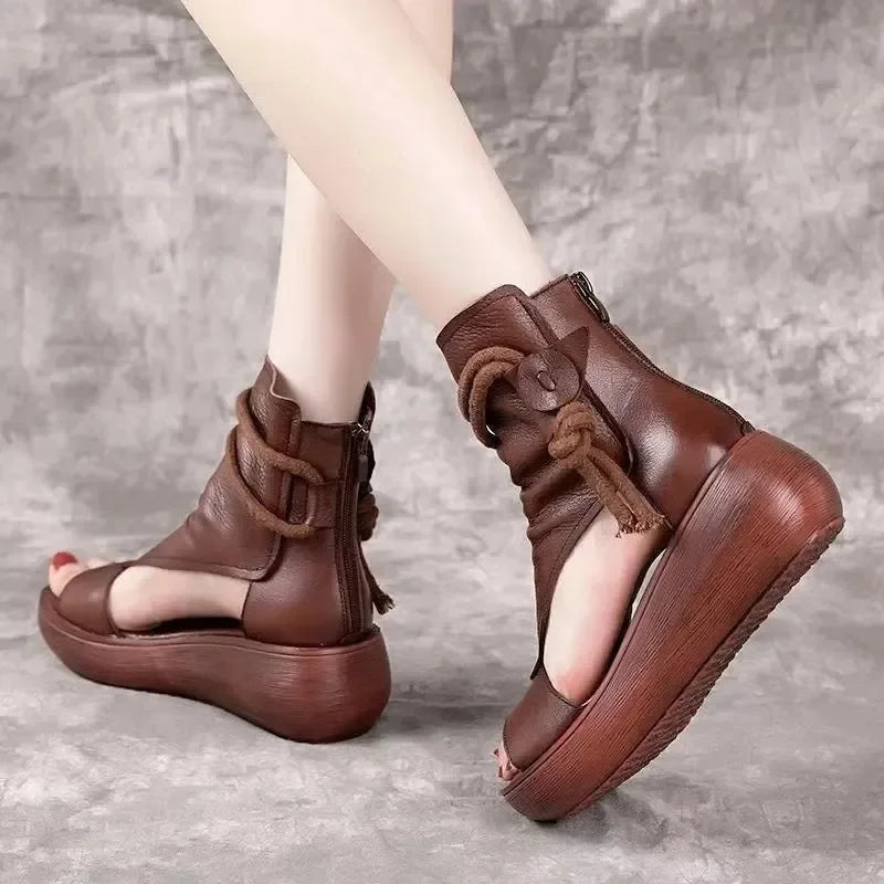 Ladies Vintage PU Leather Cool Shoe/Sandals Summer Mid Heel Comfortable Wedge Shoe