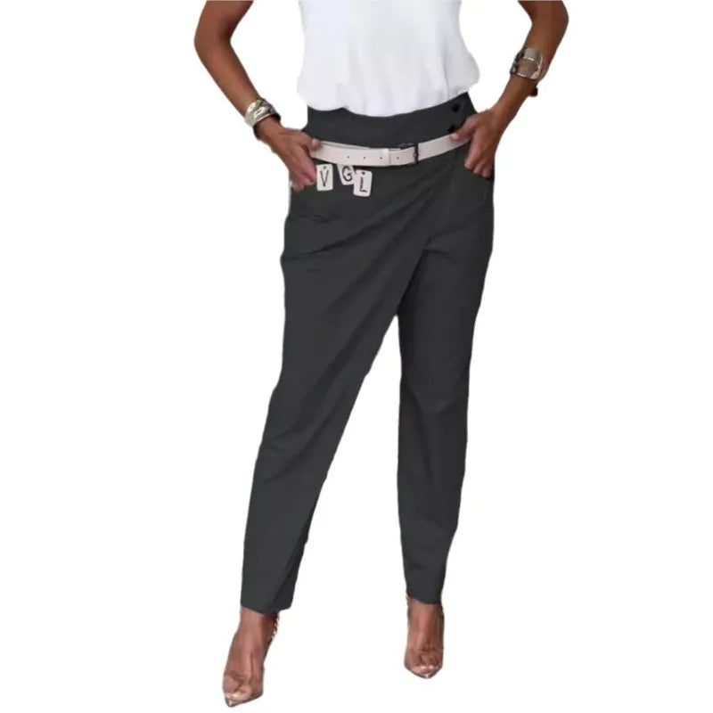 New Asymmetric High Waist Pants For Women Fashion Chic Belt Straight Pants Casual Solid Colour Bottoms.  S-3x