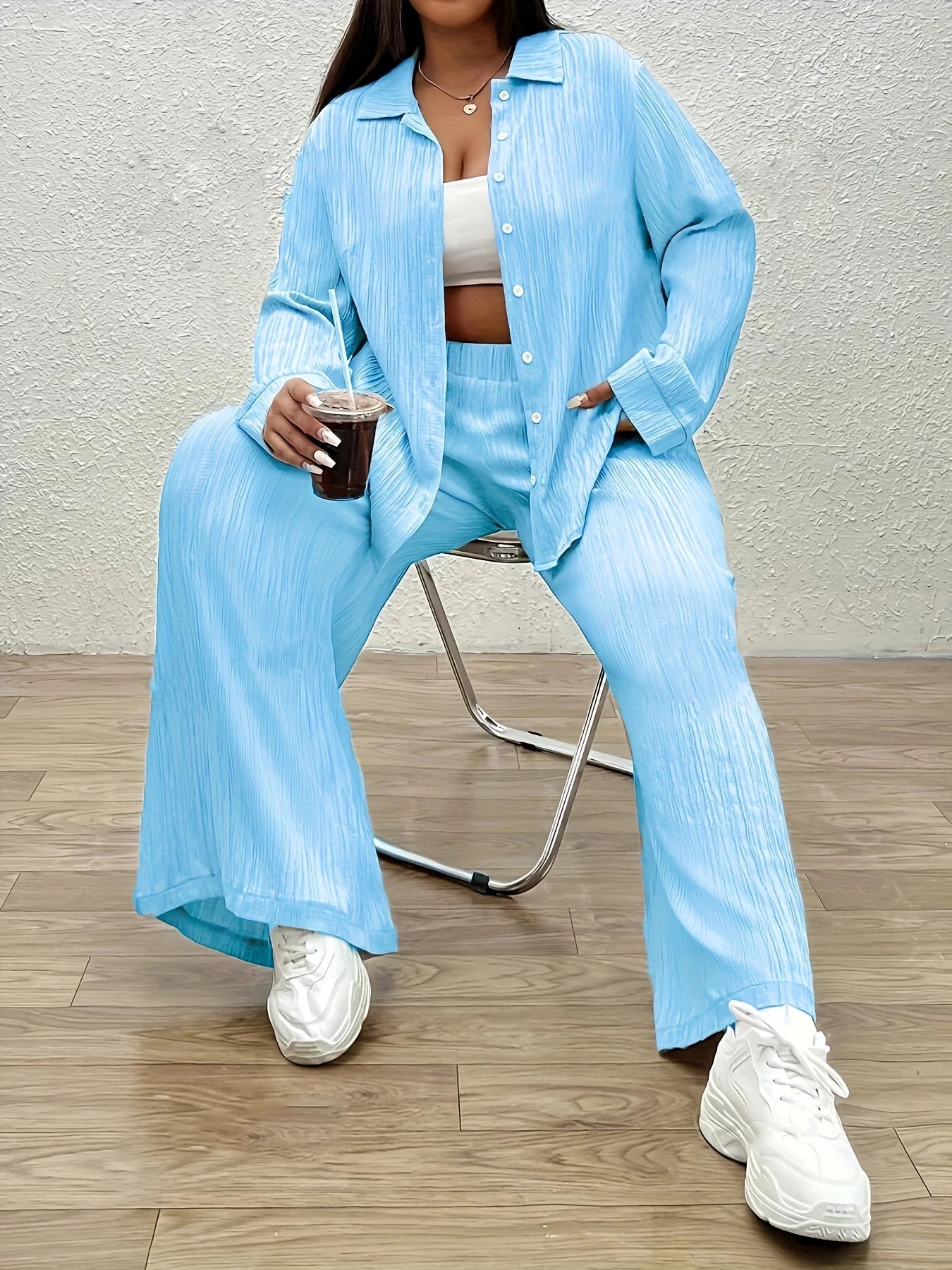 Plus size solid colour casual pant set button front long sleeve shirt and pants perfect for spring