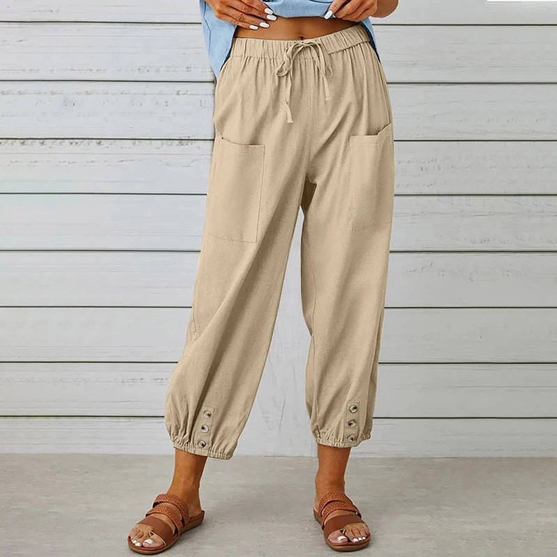 Cotton Linen Harem Pants Casual Elastic High Waist Loose Ankle Pants.  S-2x