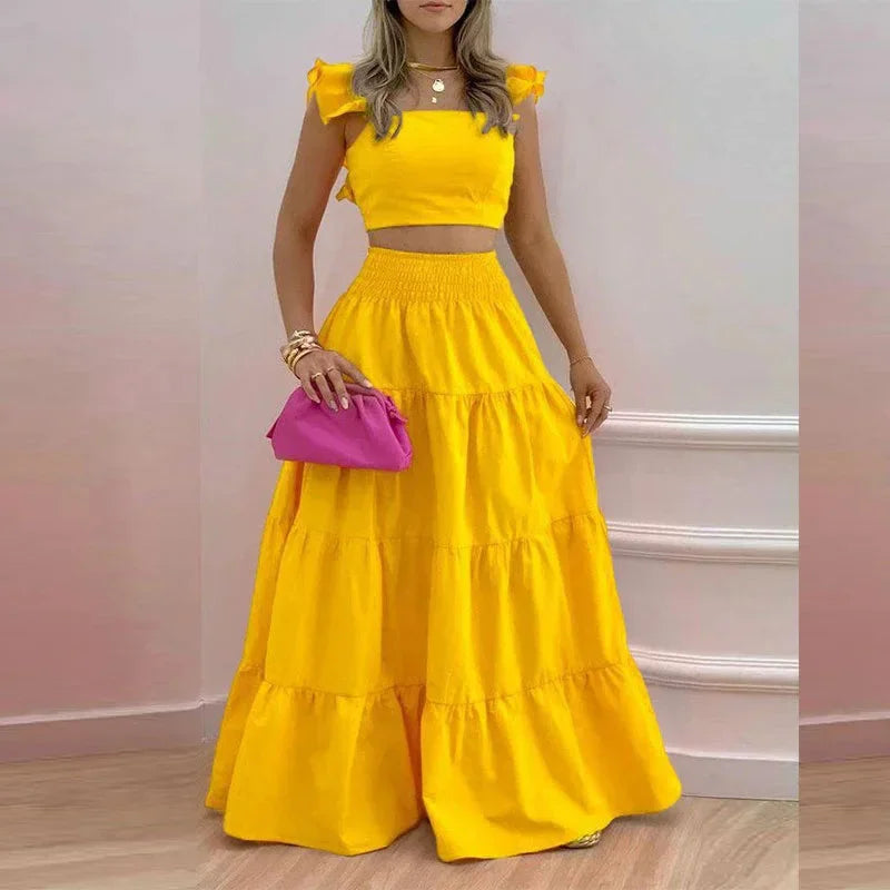 Ladies Two Piece Set Solid Bohemian Long Skirt Strapless Crop Top Cascading Ruffles Long Skirt Suit