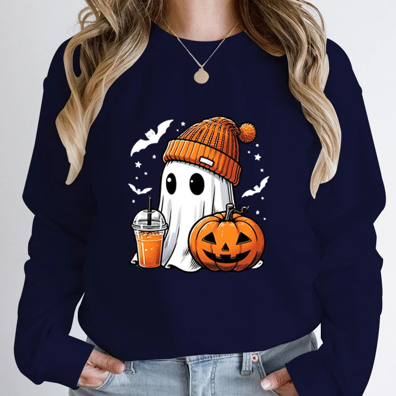 Unisex Fashion Halloween Ghost Pumpkin Bat Print Pullover Ladies Long Sleeve Halloween Sweatshirts.   S-2X