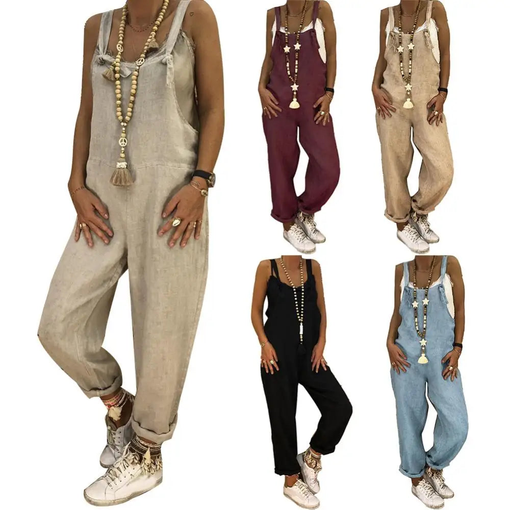 Women Casual Solid Color Sleeveless Adjustable Straps Loose Jumpsuit/Overalls.  M-5X