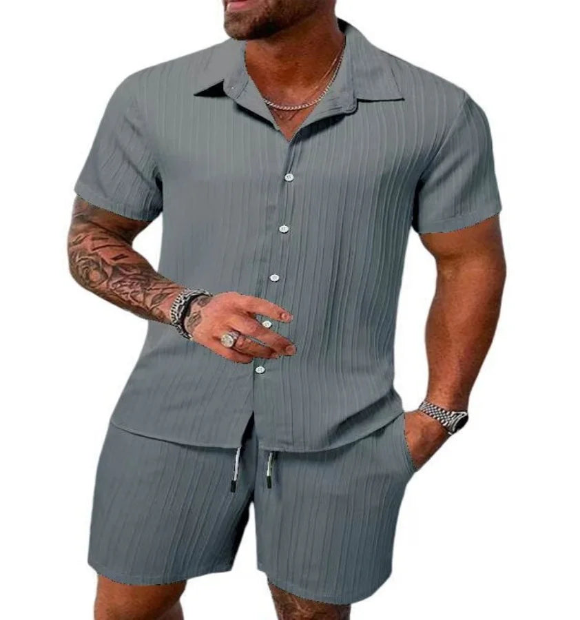 Spring and summer European Style new men's striped jacquard loose shorts and shirt set.   S-3x