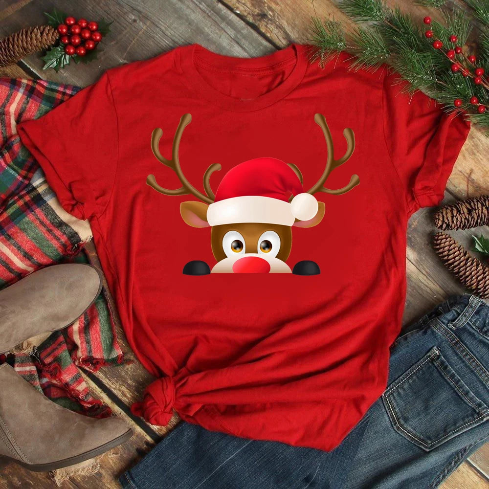 Women's Kawaii Christmas Top - Santa Claus & Deer O-Neck Y2K T-Shirt.  S-3X
