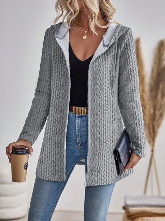 Elegant directional women's fashionable texture solid colour zipper hooded zip-up.  S-2x