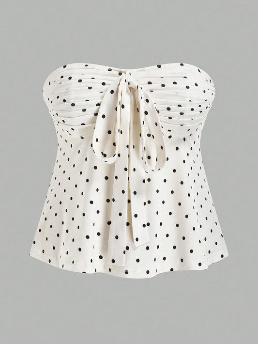Plus Size Women's 2025 Summer New Sleeveless Retro Polka Dot Bow Bandeau Blouse .