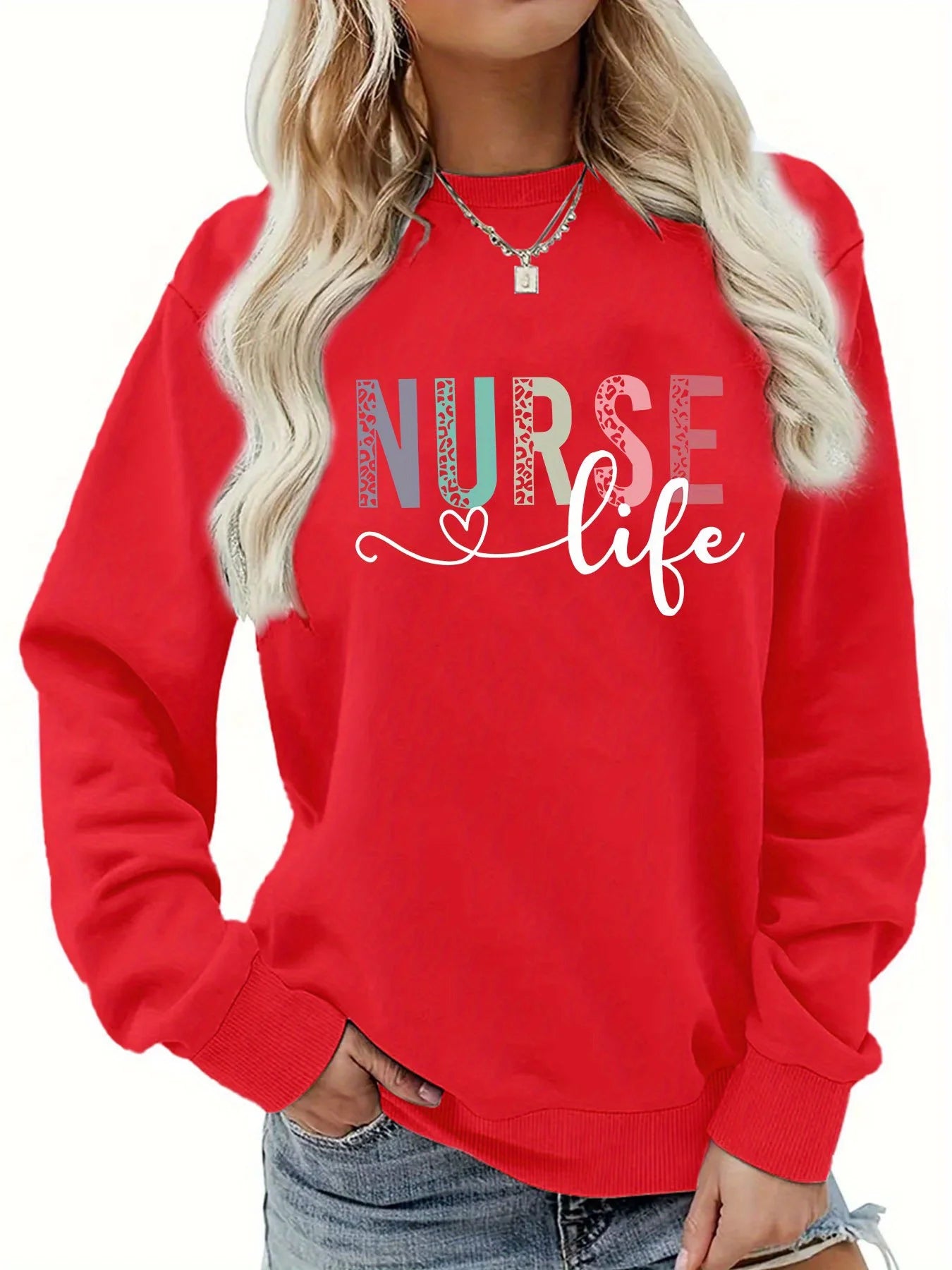 Women's Casual NURSE Print Pullover Sweatshirt  Long Sleeve Round Neck Machine Washable.   S-2X