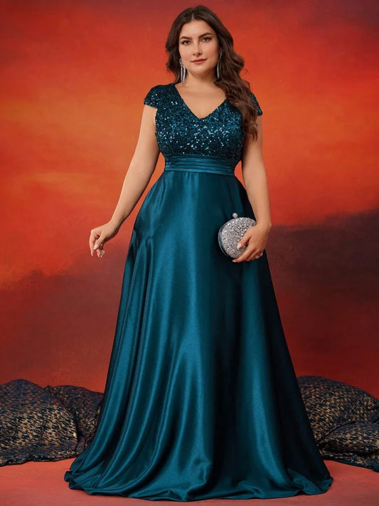 Plus Size Elegant V-Neck Sequin Evening Dress Long Luxury Satin Short Sleeves Party, Prom, Cocktail Dress