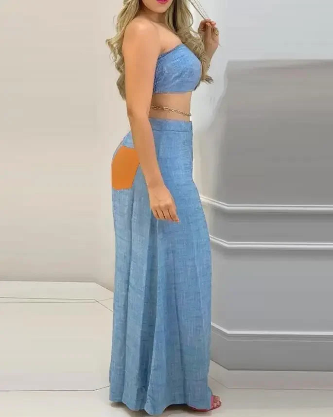 Two Piece Set Womens Outifit Summer Fashion Colour-block Bandeau Sleeveless Crop Top and Casual Wide Leg Long Pants Set