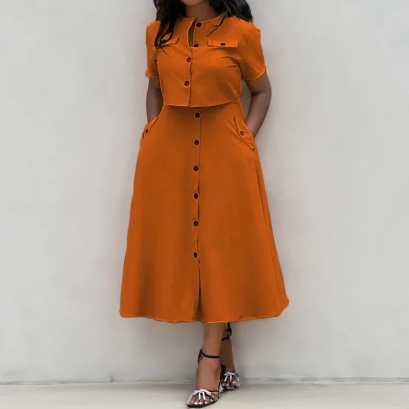 Women Top Skirt Set Summer Short Sleeve O-Neck Button Shirt + Midi Skirt Two 2 Piece Set.  S-3X