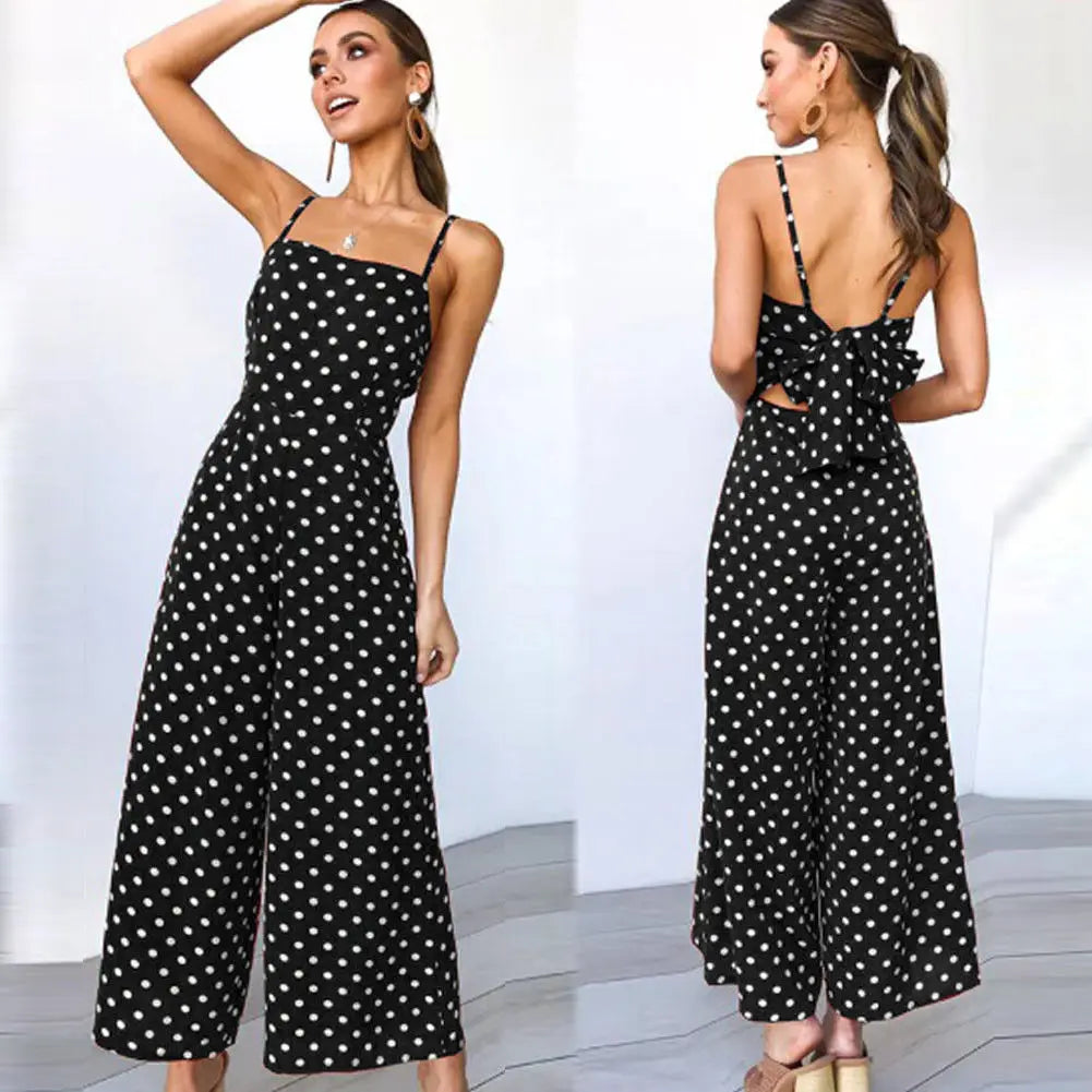 Women Elegant Sleeveless High Waist Summer Sexy Polka Dot Romper Loose Wide Leg Fashion