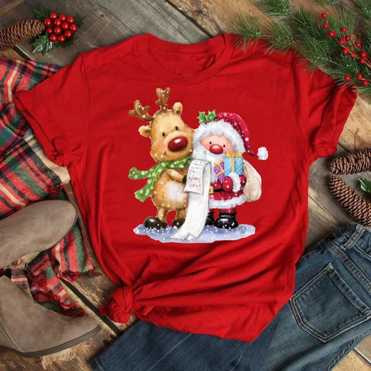 Women's Kawaii Christmas Top - Santa Claus & Deer O-Neck Y2K T-Shirt.  S-3X