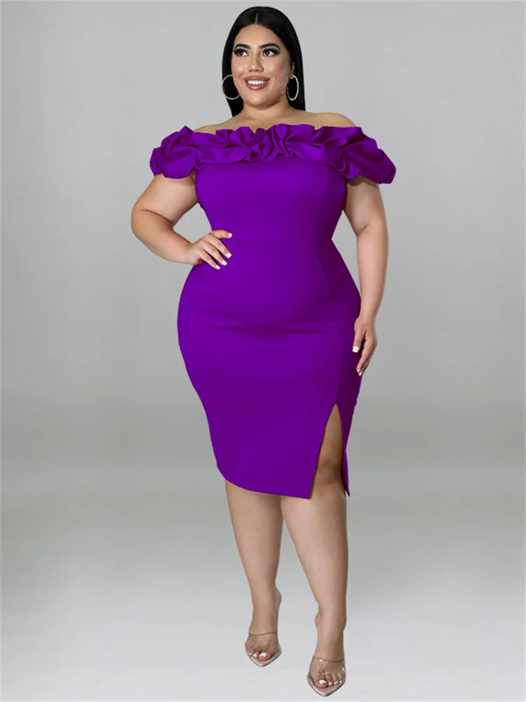 Plus Size Party Dress Ruffles Off Shoulder Solid Bodycon Elegant Midi Summer Dress