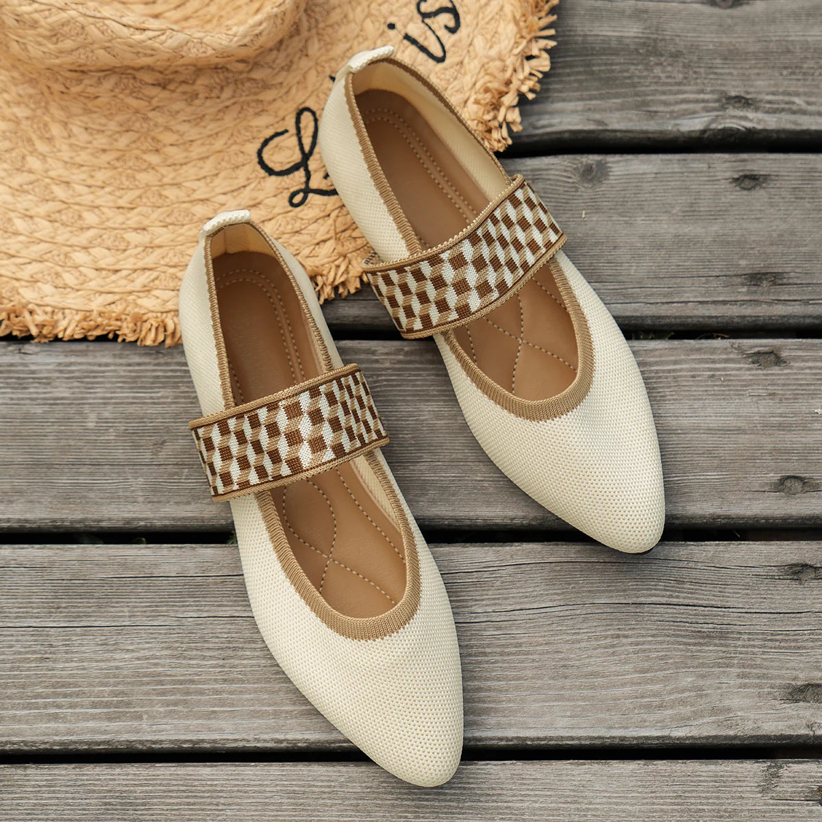 Knitted Color-block Women's Flat Shoes Casual striped straps  Pointed Toe Loafers.