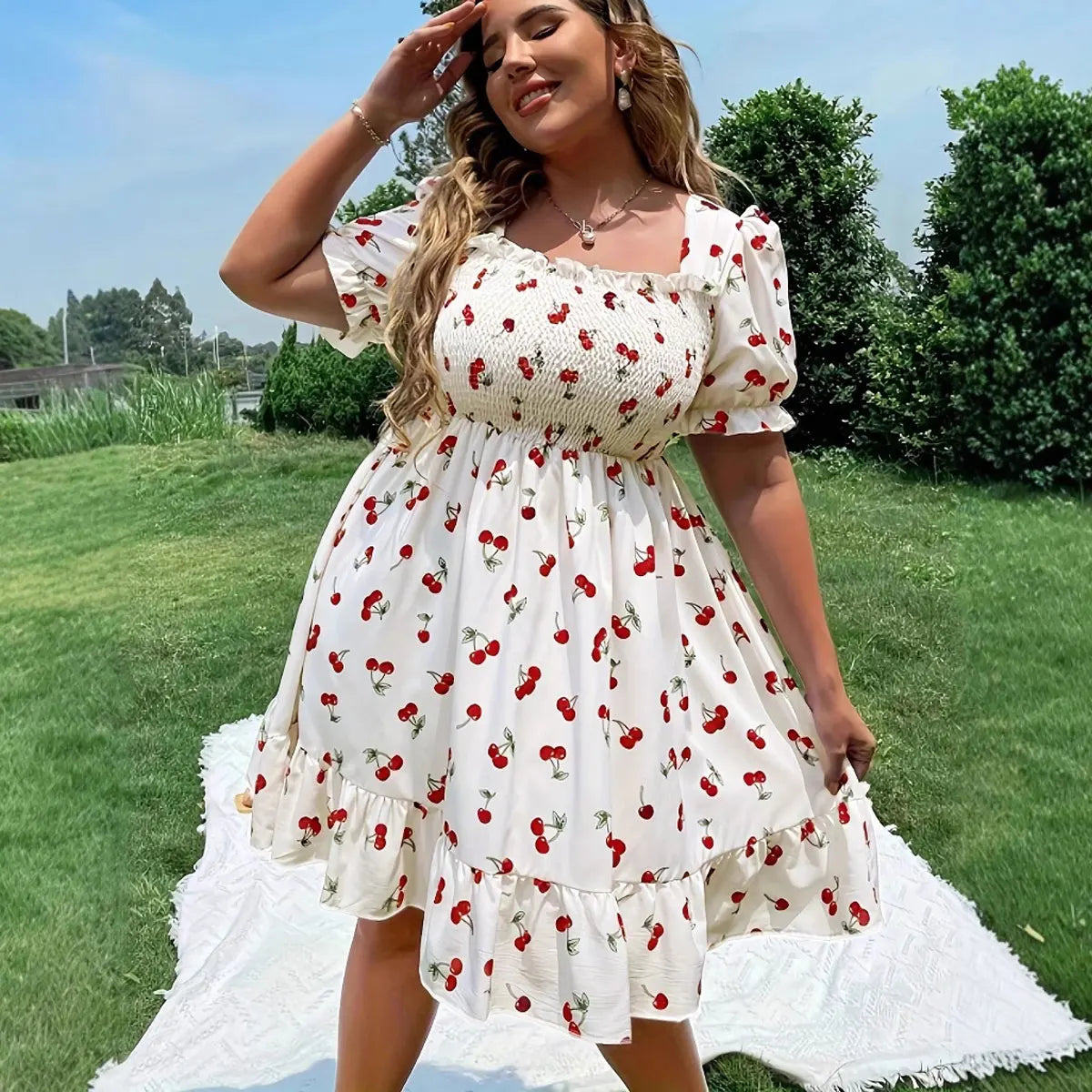 2025 Summer Women's Plus Size Dresses Fashion Cherry Print Short Sleeve Midi Dress Summer Casual A-line Dress