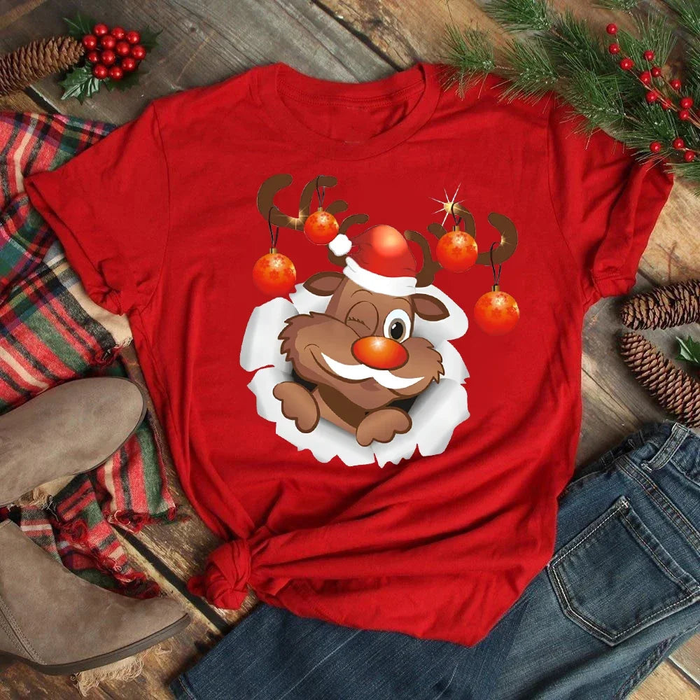 Women's Kawaii Christmas Top - Santa Claus & Deer O-Neck Y2K T-Shirt.  S-3X