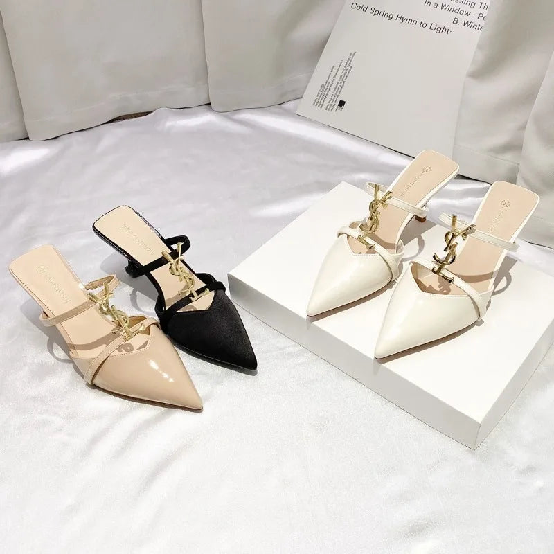 2025 Summer Luxury Women's Metal Decoration Pointed Stilettos Party Sexy High Heels Brand Designer