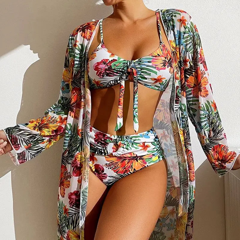 Three Piece Floral Printed Women's Bikini Set Wireless Bra with Pads Swimwear