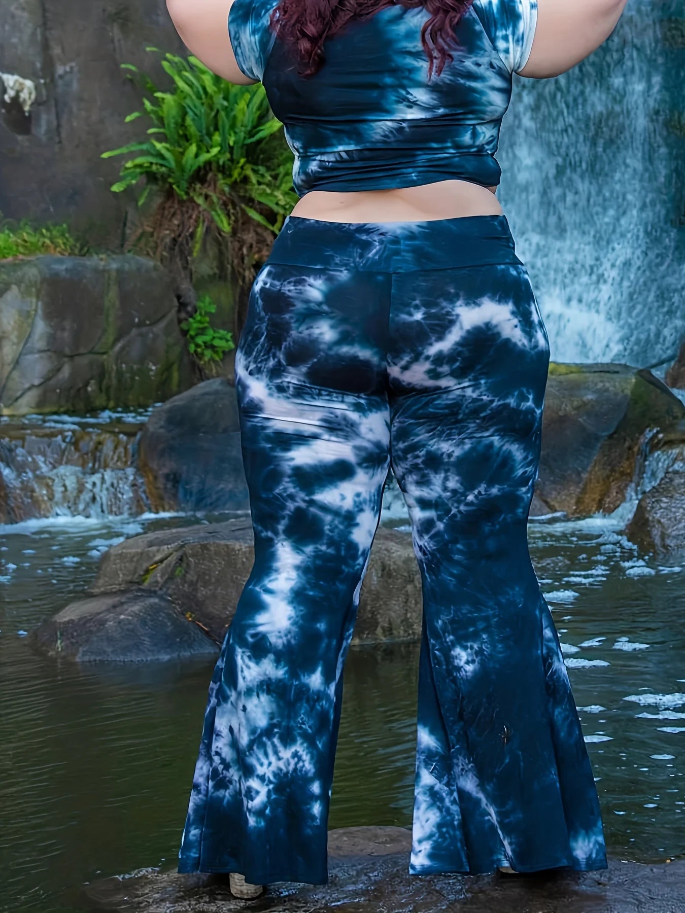 Ladies Curvy Size Bohemian Tie Dye Flare Leg Pants, Comfortable & Stylish High Waist Design,  Perfect for Spring & Summer