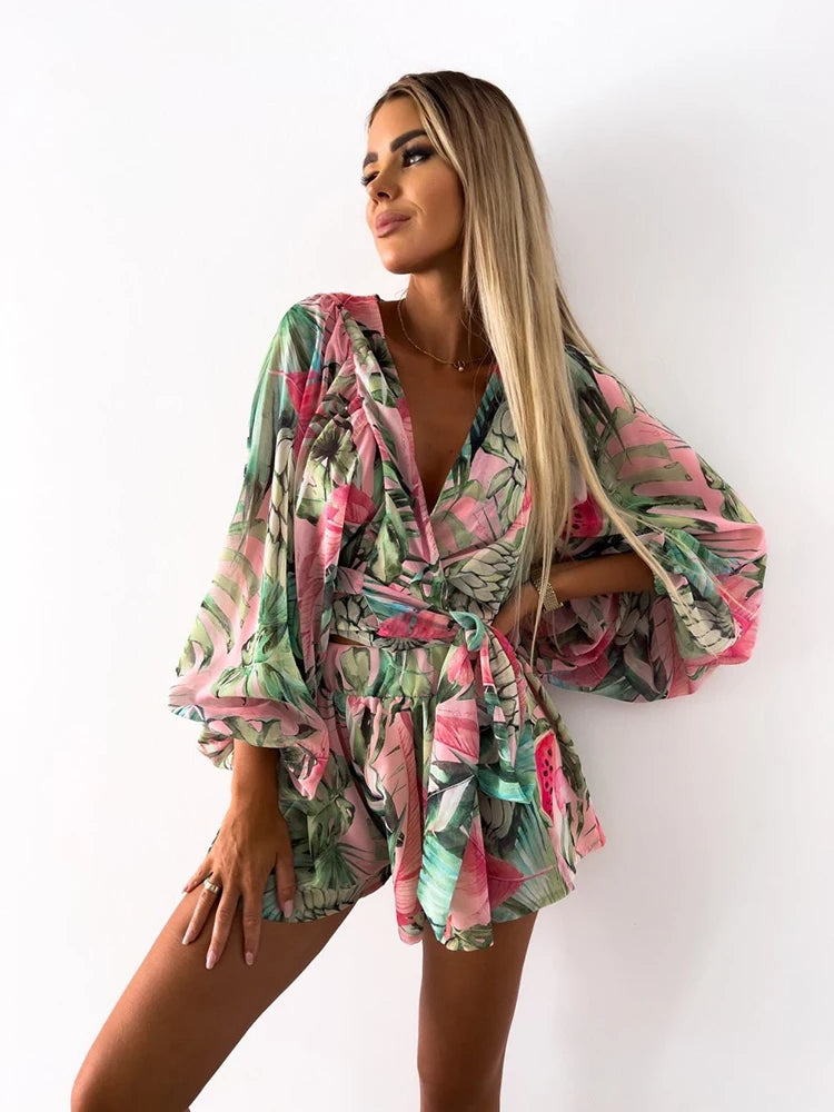 Sexy Deep V Neck Jumpsuit For Women Summer Casual Boho Outfit With Lantern Sleeve.