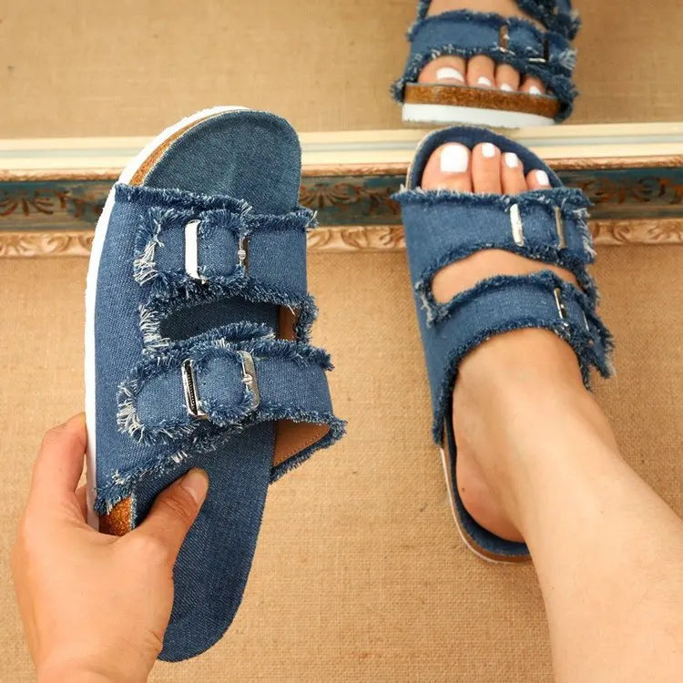 2025 Summer Women Fashion Designer Female Canvas Metal Buckle Flat Soft Sole Sandals.