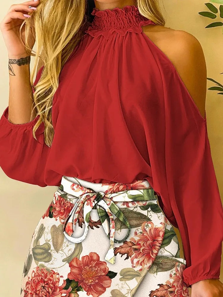 Elegant Two Piece Women Spring Summer Solid Ruffle Neck Hollow Out Long Sleeve Shirt & Printed Skort