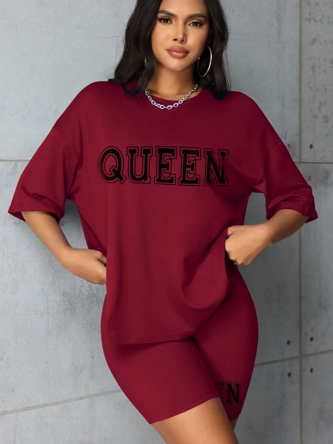Plus size fashionable all-match shorts short-sleeved queen letter print simple and comfortable two-piece
