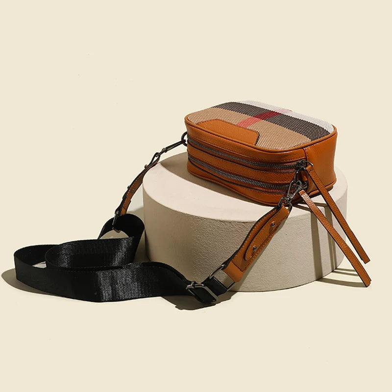 Genuine Leather Women Bag Small Canvas Cross body Wide Strap Trendy Square Designer Luxury Sling Shoulder bag