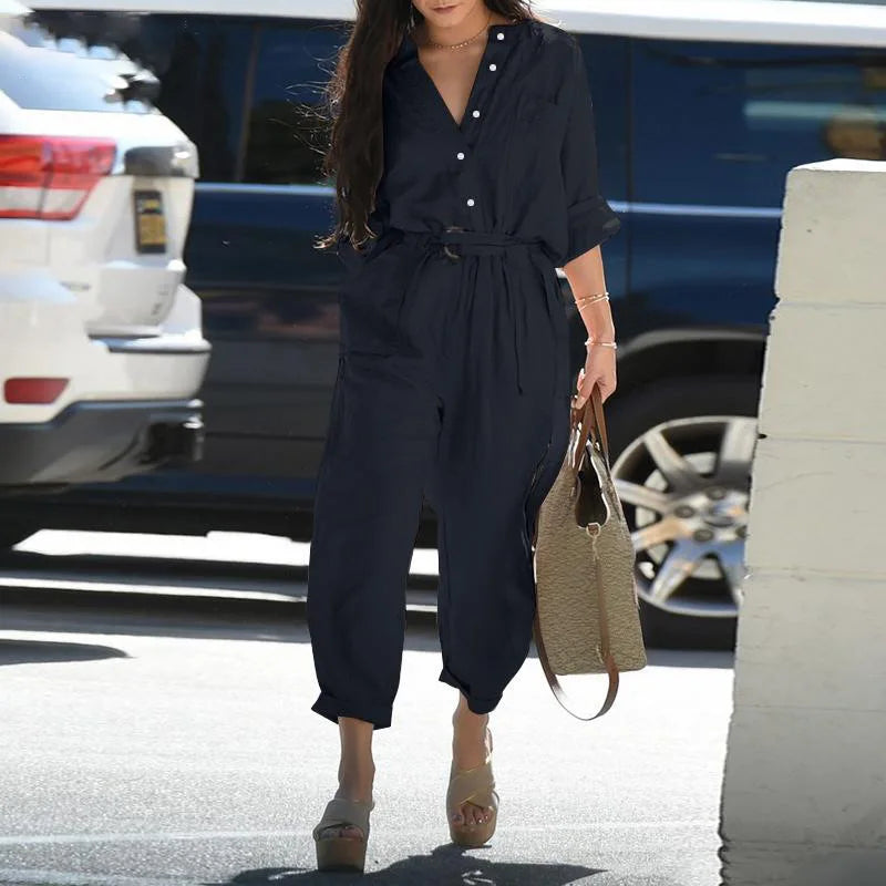 Women Cargo Jumpsuit Button Long Sleeve Pocket Pant .  S-3X